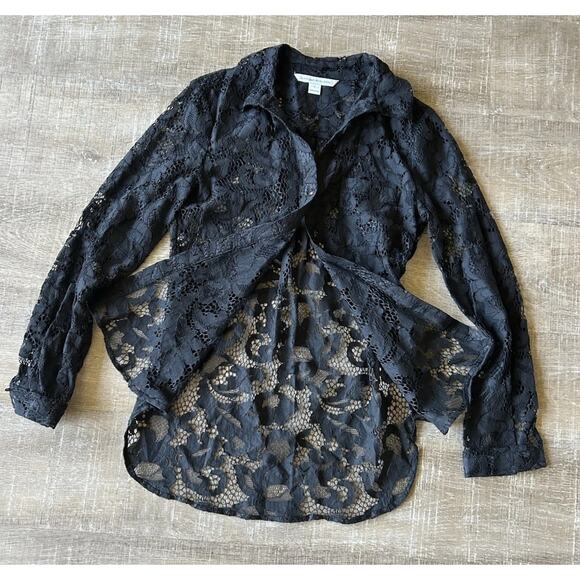 Diane von Furstenberg DVF Black Lace Blouse women's 6 Button Down Sheer LS - Picture 3 of 15